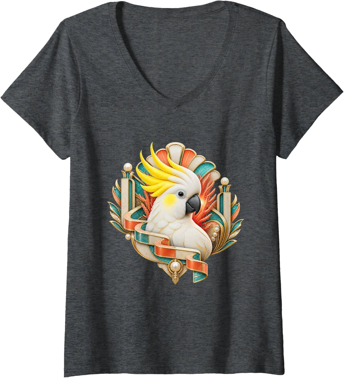 Women's Sulphur-Crested Cockatoo in Coral Deco Fan V-Neck T-Shirt - Dark Heather Grey
