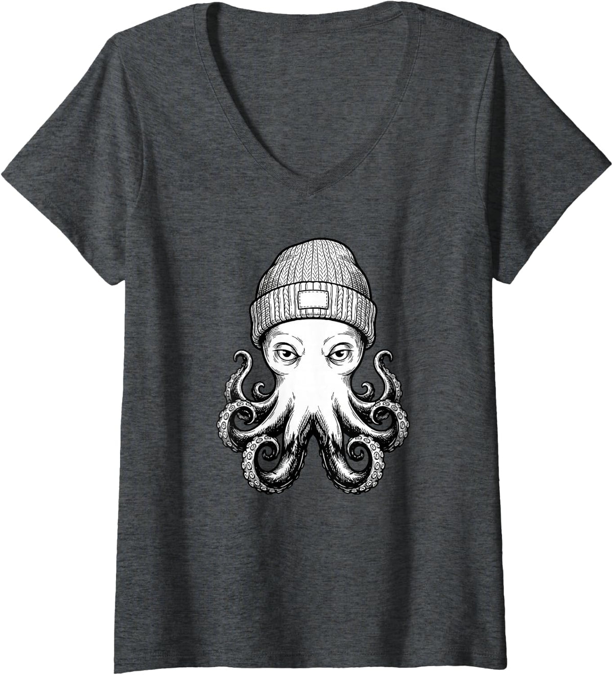 Women's Cute Octopus Funny Illustration Graphic V-Neck T-Shirt - Dark Heather Grey