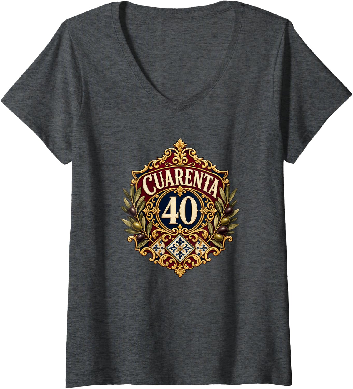 Women's Cuarenta 40 Spanish Olive Hispanic Birthday Celebration V-Neck T-Shirt - Dark Heather Grey