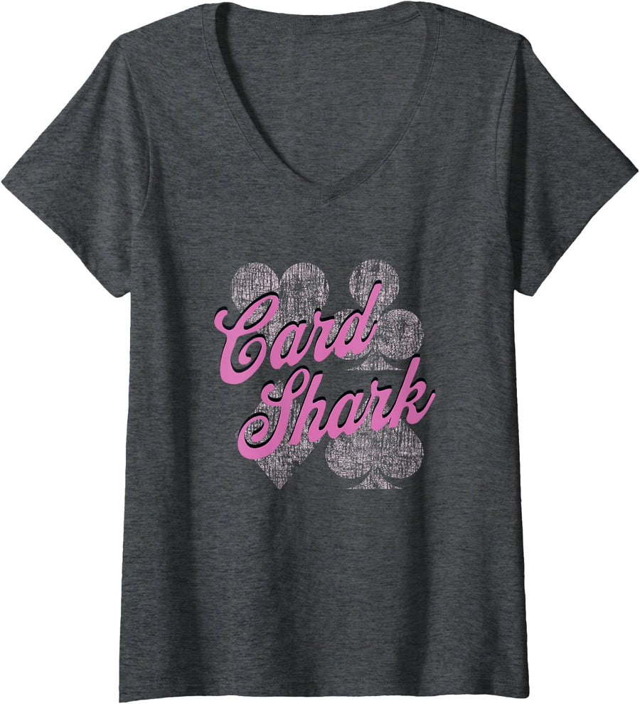Women's Card Shark, Funny Playing Cards Casino Player Pink V-Neck T-Shirt - Dark Heather Grey
