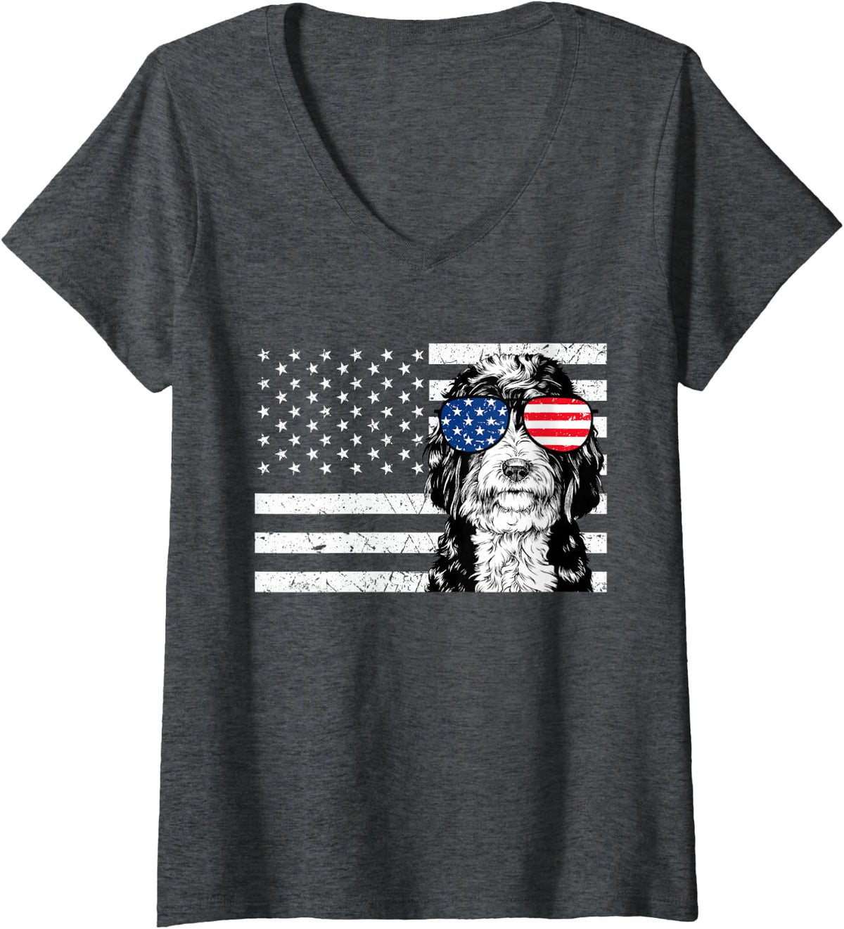 Womens Bernedoodle Dog 4th of July US American Flag Patriotic V-Neck T-Shirt - Dark Heather Grey
