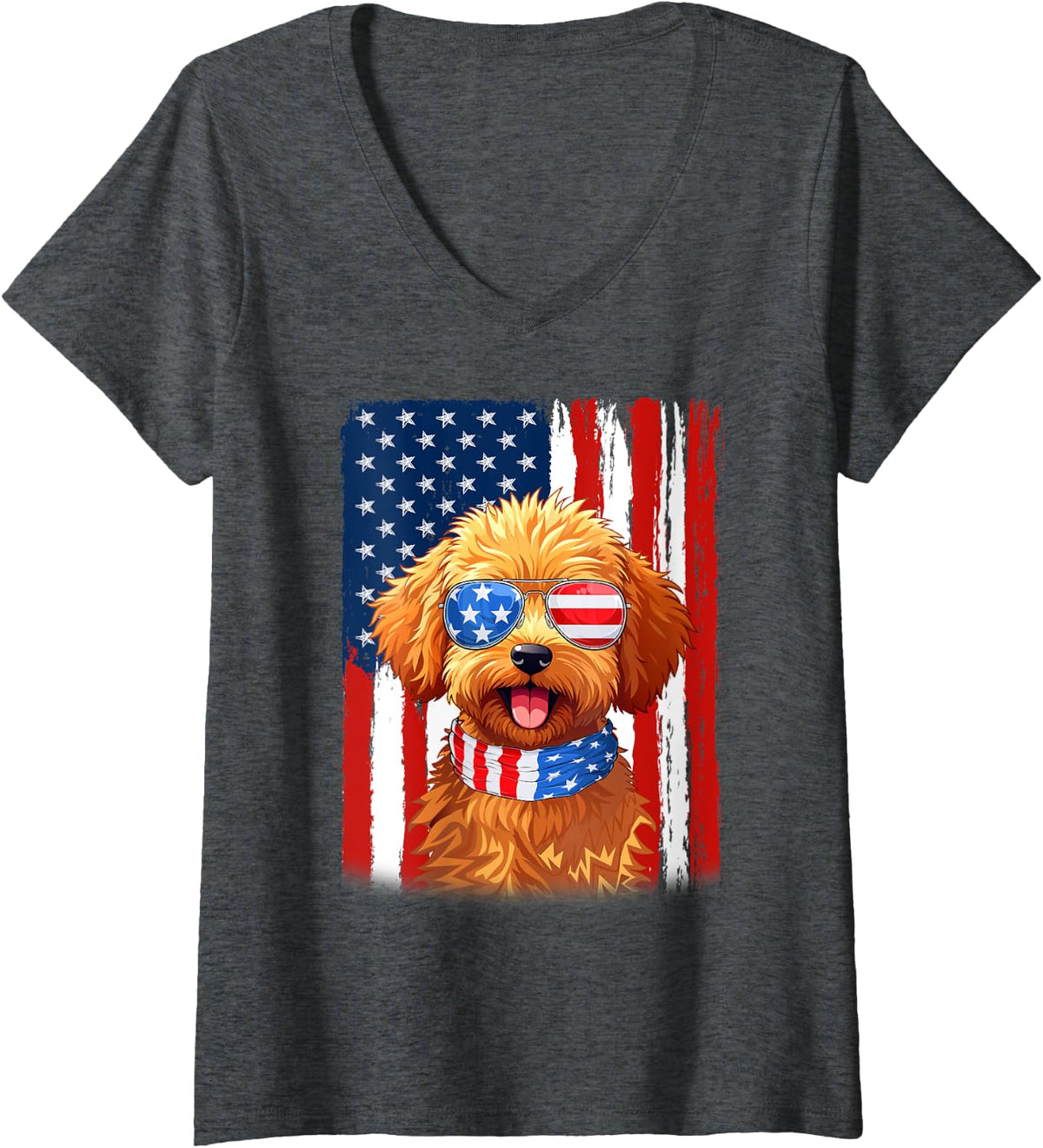 Womens USA America Flag Maltipoo Dog 4th of July Patriotic V-Neck T-Shirt - Dark Heather Grey