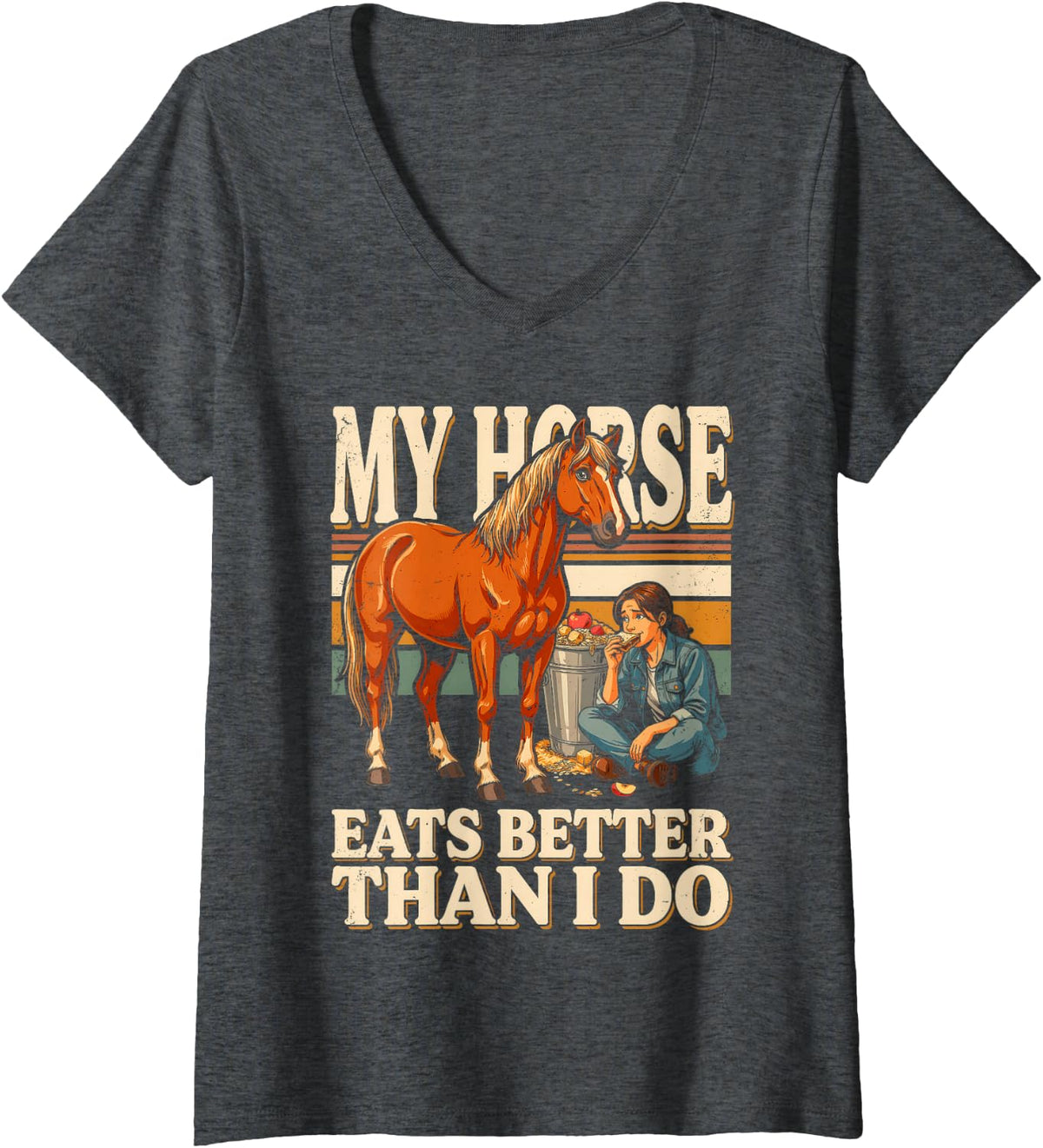 Women's My Horse Eats Better Than I Do Equestrian Humor V-Neck T-Shirt - Dark Heather Grey