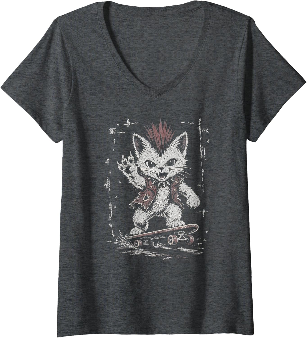 Women's Punk Rock Kitten Skateboard Cat V-Neck T-Shirt - Dark Heather Grey
