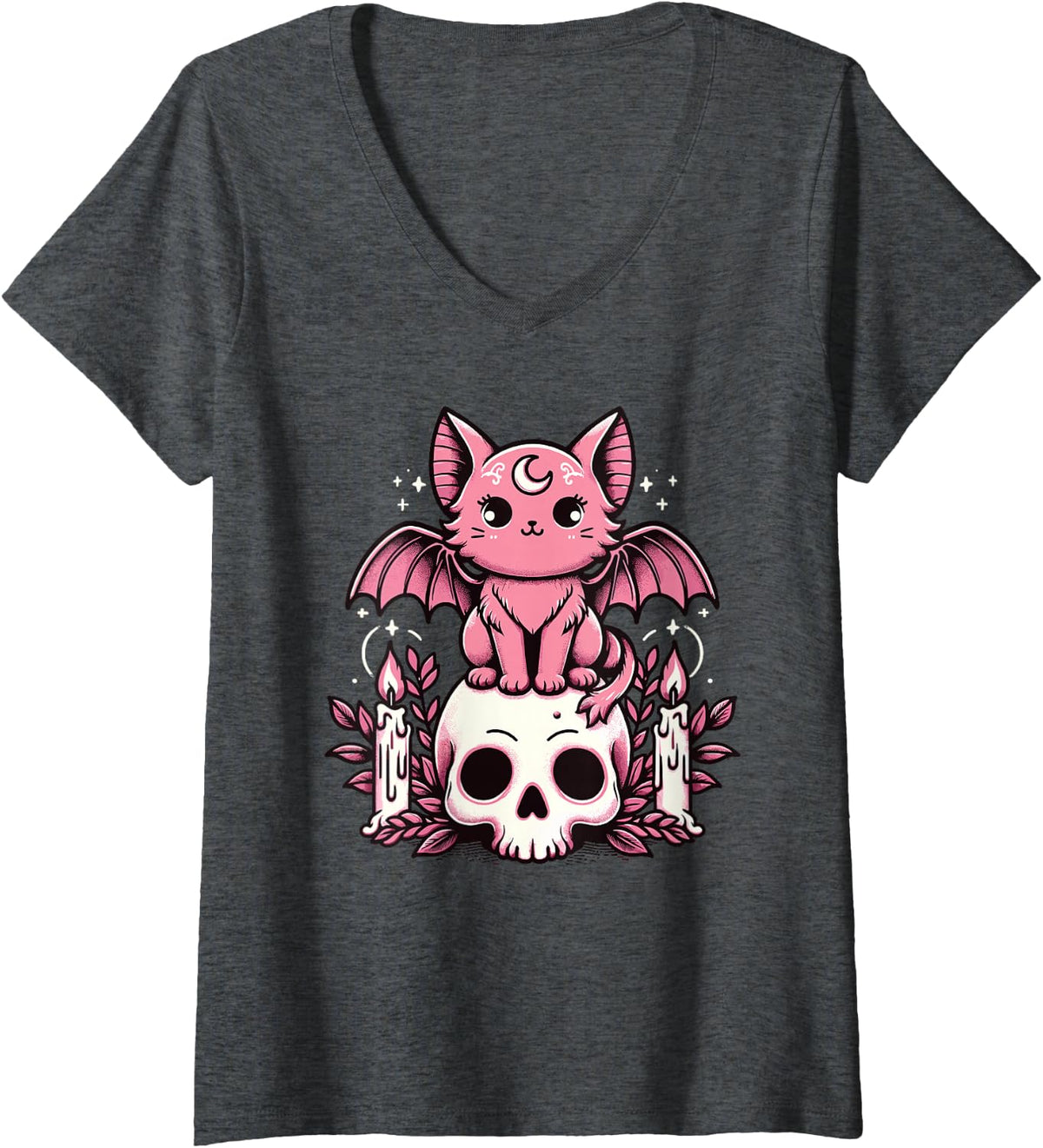 Womens Kawaii Pastel Goth Cute Creepy Cat Bat Skeleton V-Neck T-Shirt - Dark Heather Grey