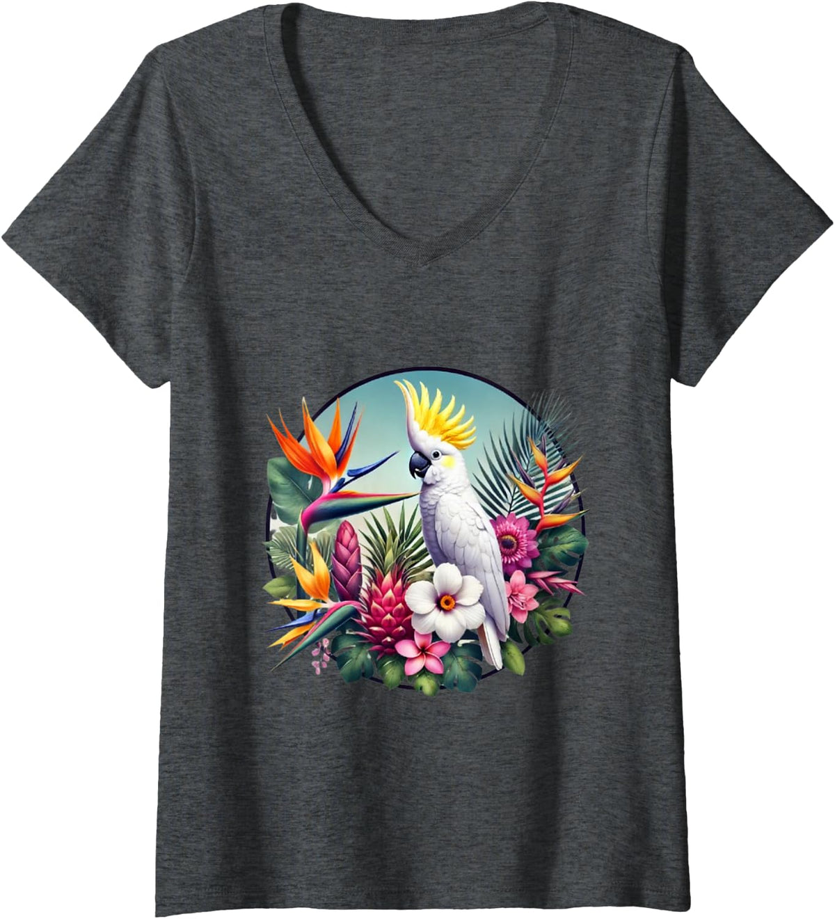 Women's Cockatoo Tropical Bird Flowers and Plants V-Neck T-Shirt - Dark Heather Grey