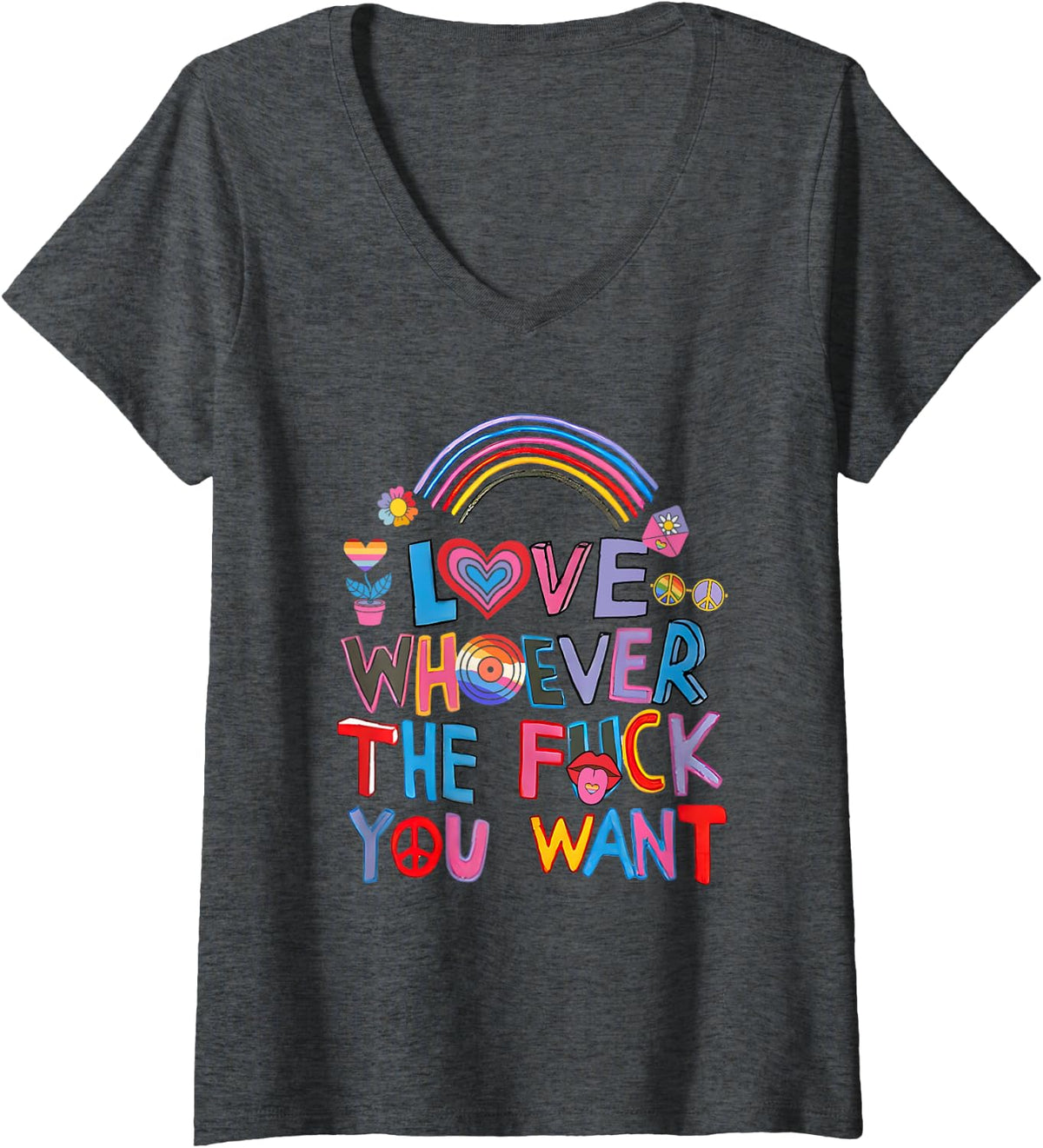 Womens Love Whoever The F You Want LGBTQ Rainbow Pride Cute Hearts V-Neck T-Shirt - Dark Heather Grey