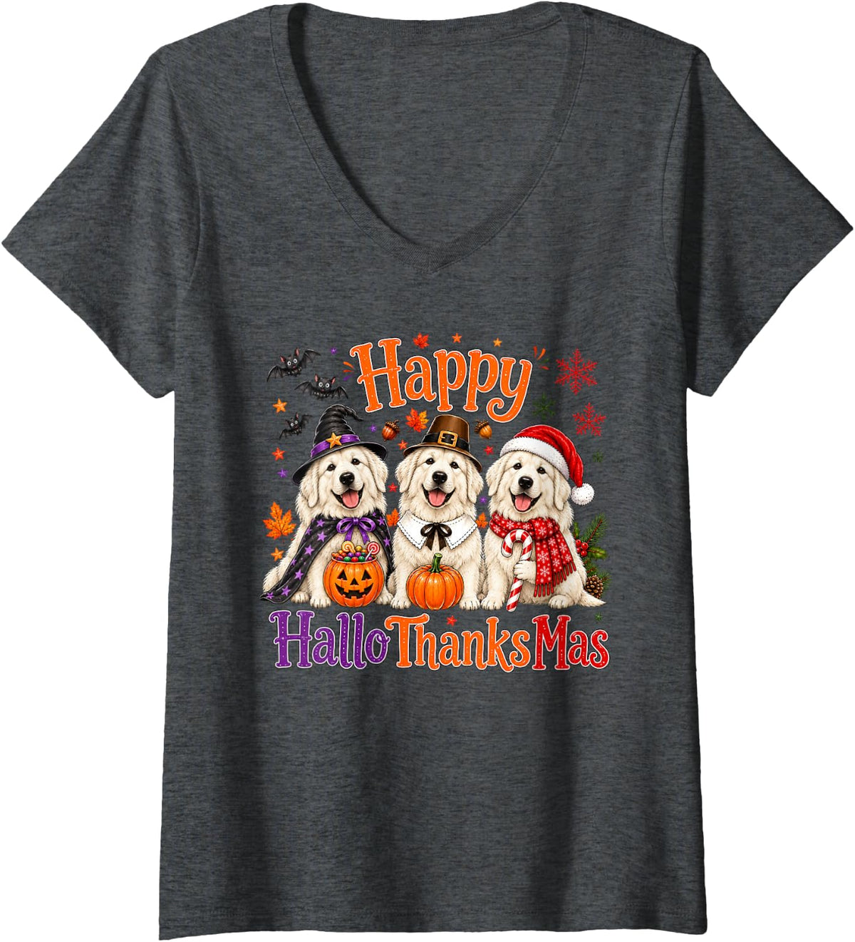 Women's Great Pyrenees Happy Hallothanksmas Halloween Thanksgiving V-Neck T-Shirt - Dark Heather Grey