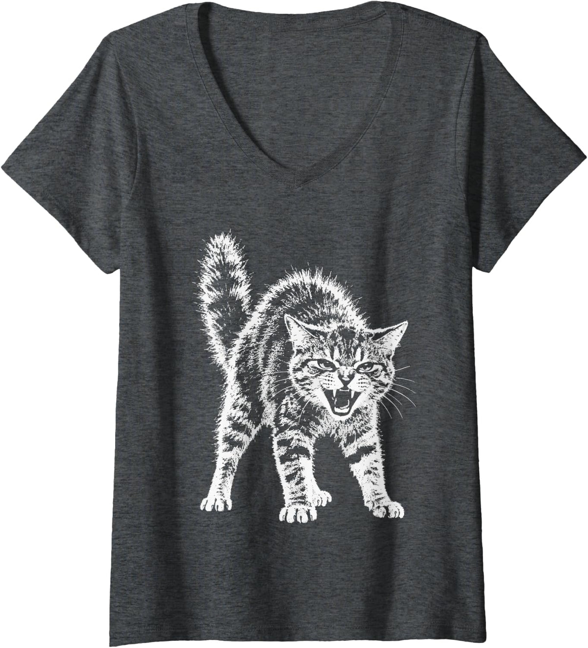 Women's Sassy Hissing Cat Y2k Grunge Aesthetic Rebellious Kitten V-Neck T-Shirt - Dark Heather Grey