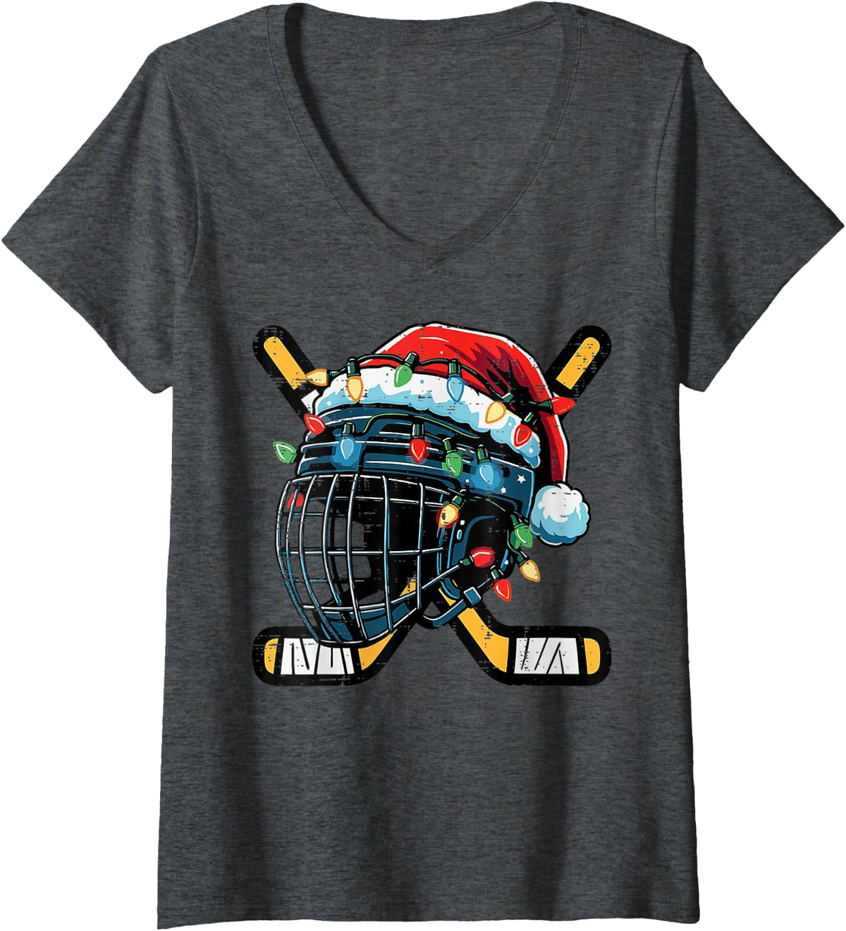 Women's Christmas Ice Hockey Helmet Santa Xmas Boys Ugly Sweaters V-Neck T-Shirt - Dark Heather Grey