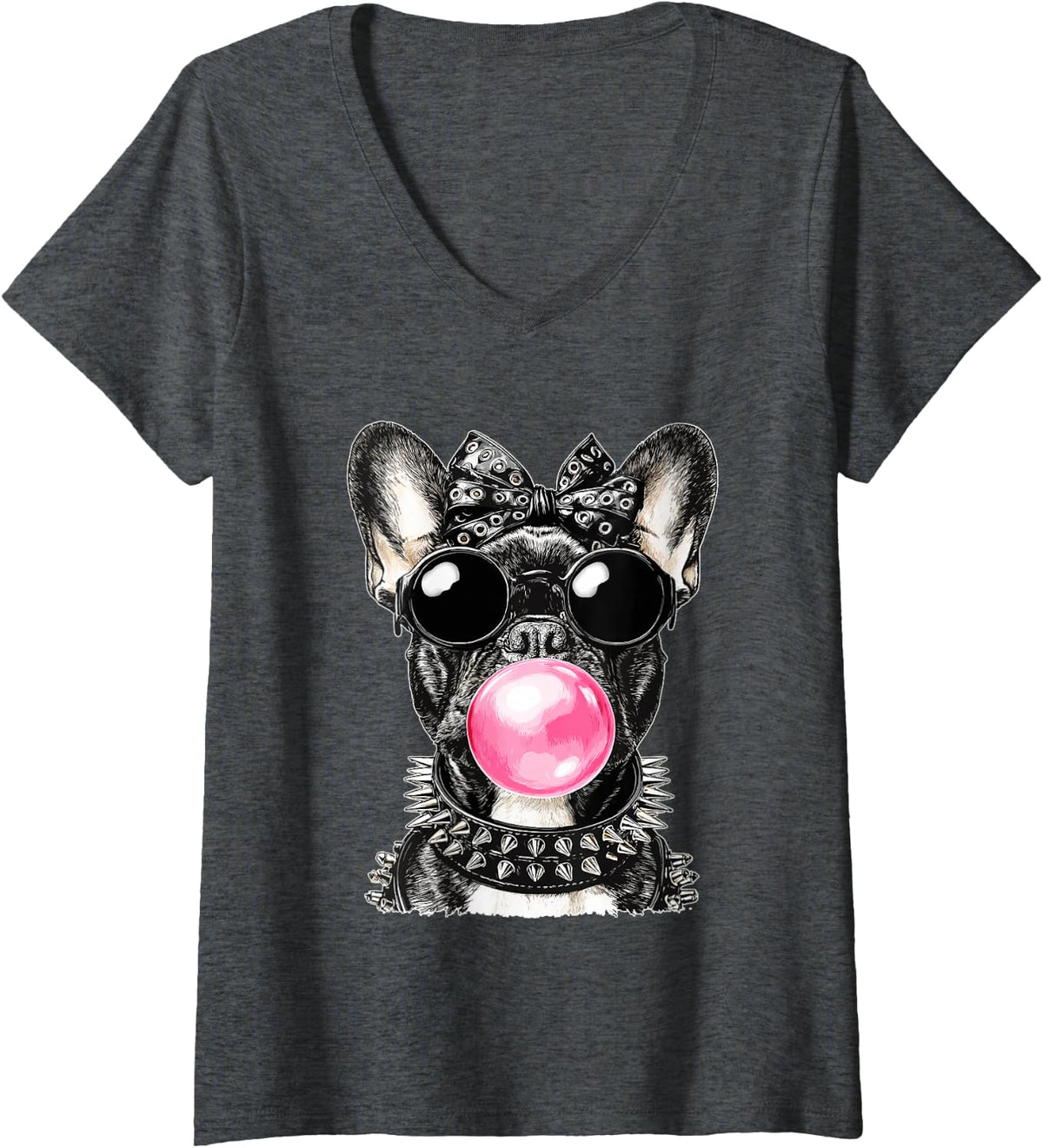 Women's French Bulldog with Sunglasses Punk Dog Bubblegum Gothic V-Neck T-Shirt - Dark Heather Grey