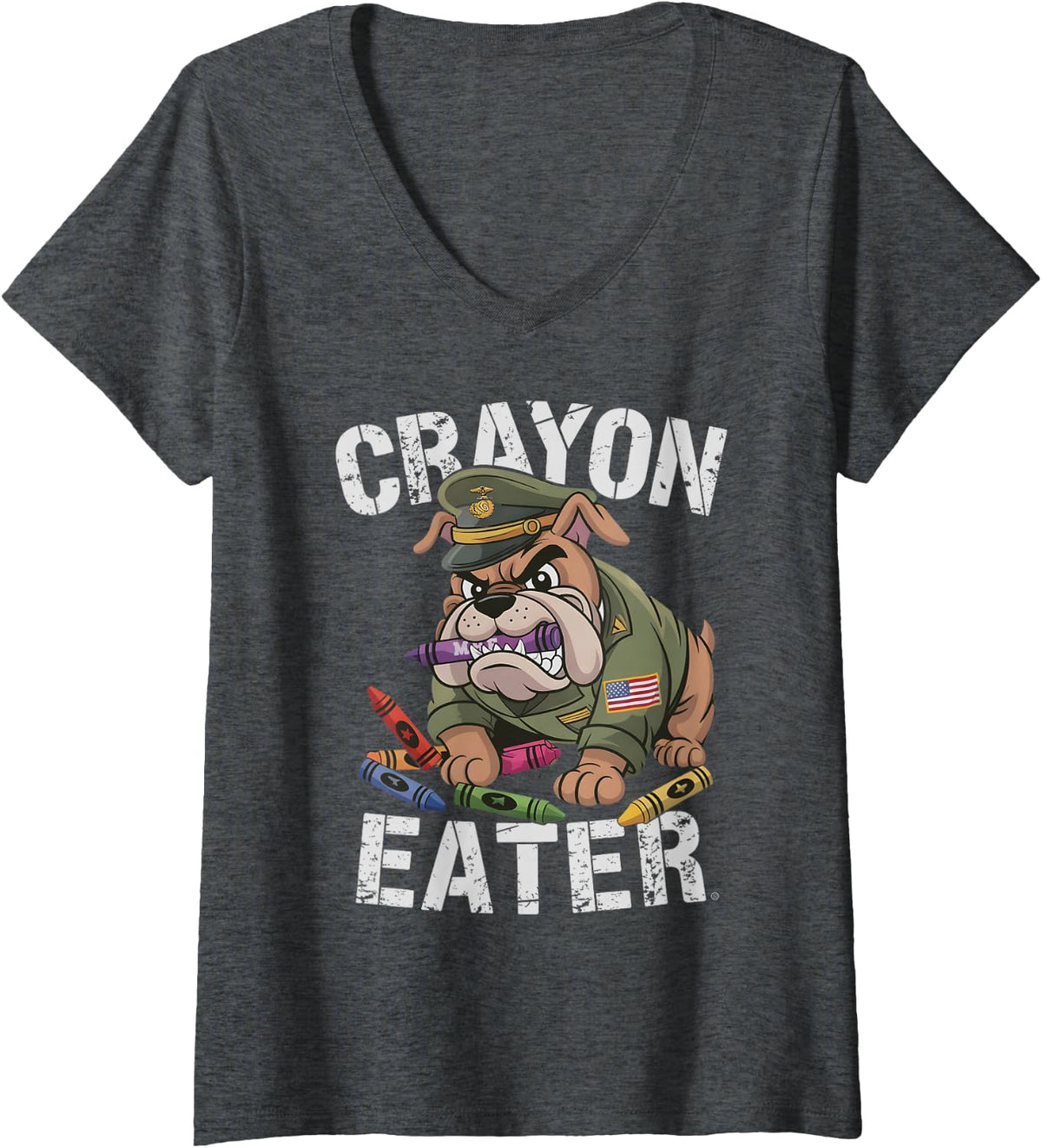 Women's Cute Crayon Eater Military Boot Camp Dog Jarhead Joke V-Neck T-Shirt - Dark Heather Grey