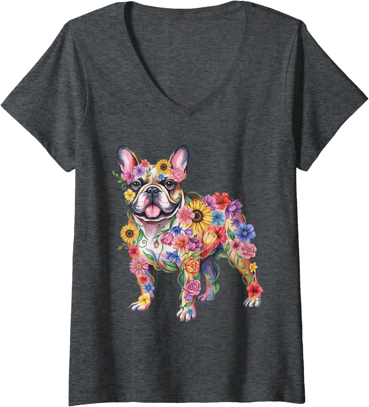 Women's French Bulldog Floral Frenchie Mama V-Neck T-Shirt - Dark Heather Grey