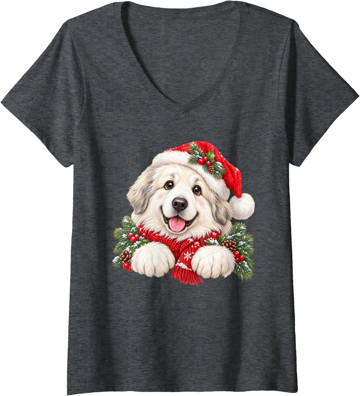Women's Festive Great Pyrenees Puppy Christmas Dog V-Neck T-Shirt - Dark Heather Grey
