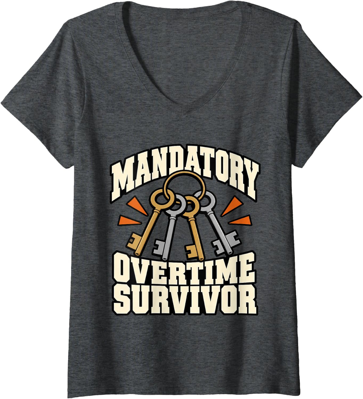 Women's Correctional Officer Mandatory Overtime Survivor Funny Keys V-Neck T-Shirt - Dark Heather Grey