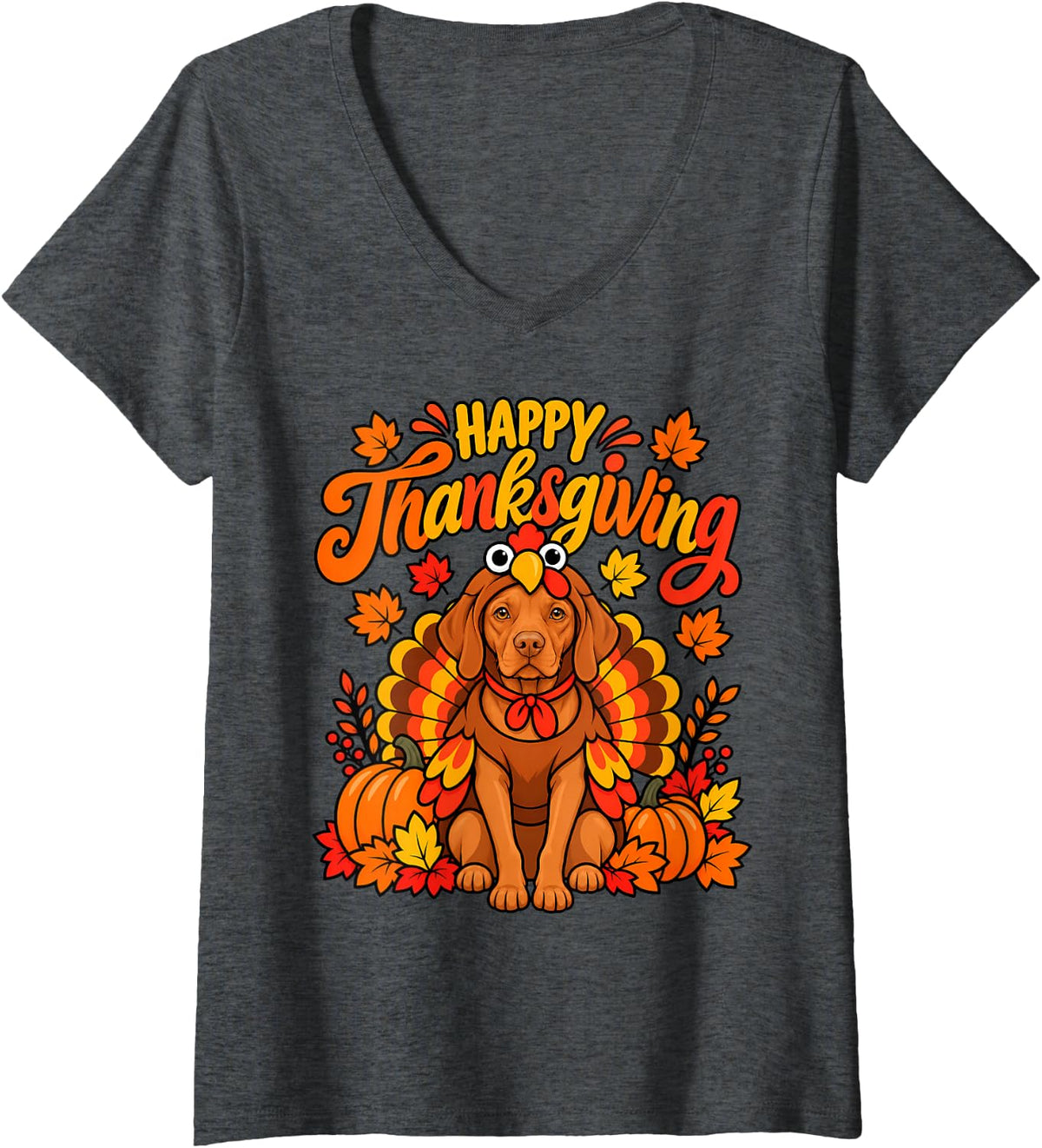 Women's Happy Thanksgiving Vizsla Dog Turkey Day Fall Women Men V-Neck T-Shirt - Dark Heather Grey