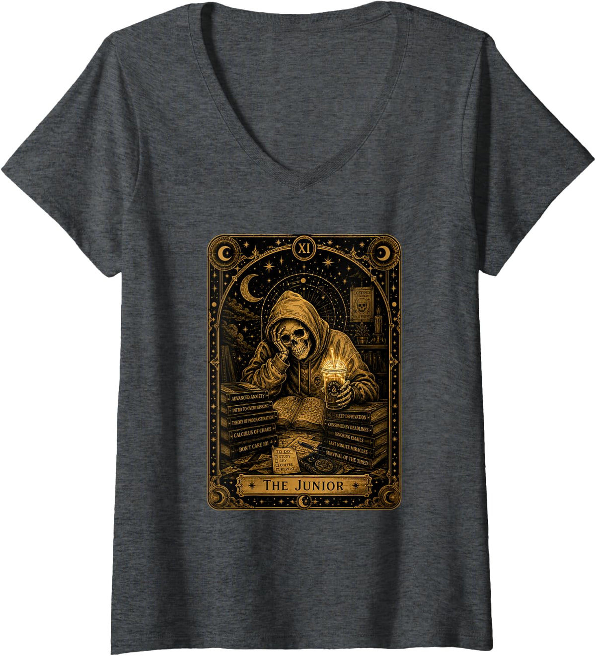 Women's The Junior Funny Tarot Card Skeleton School 11th Grade V-Neck T-Shirt - Dark Heather Grey