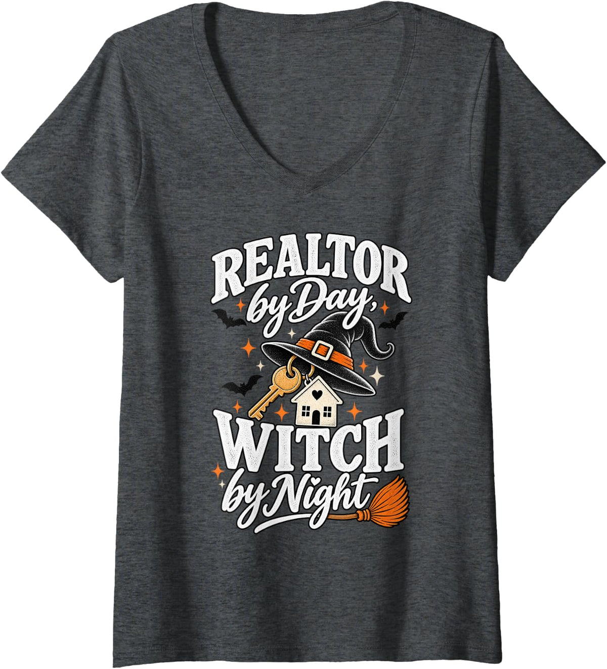 Women's Realtor by Day Witch by Night Funny Halloween Real Estate V-Neck T-Shirt - Dark Heather Grey