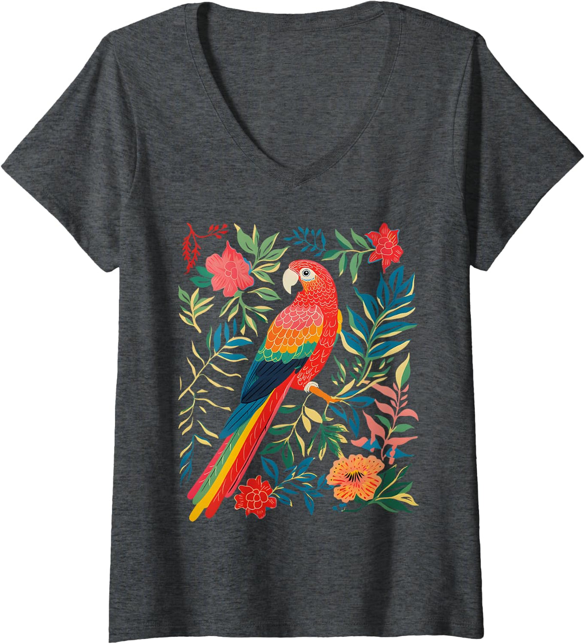Women's Boho Floral Parrot Scarlet Macaw Birdwatching Bird Lover V-Neck T-Shirt - Dark Heather Grey