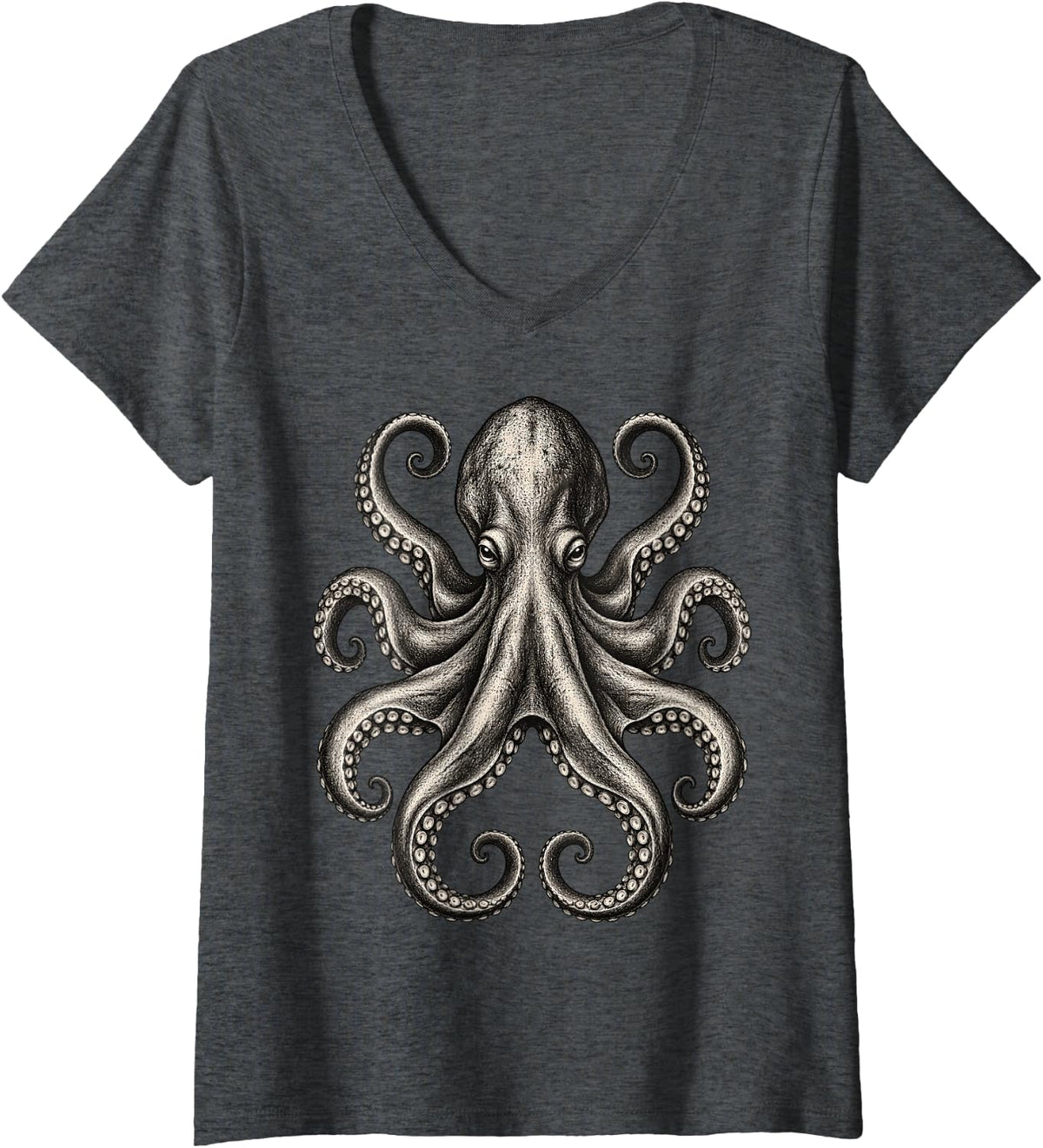 Women's Monochrome Vintage Ink Octopus Sea Animal Art V-Neck T-Shirt - Dark Heather Grey
