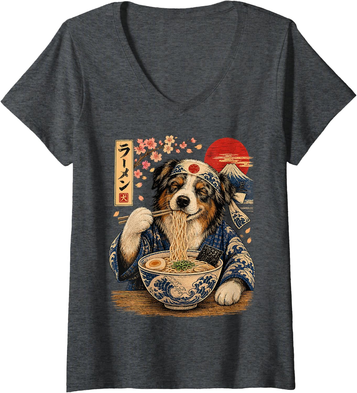 Women's Australien Shepherd Dog Eating Ramen Japanese Aussie V-Neck T-Shirt - Dark Heather Grey