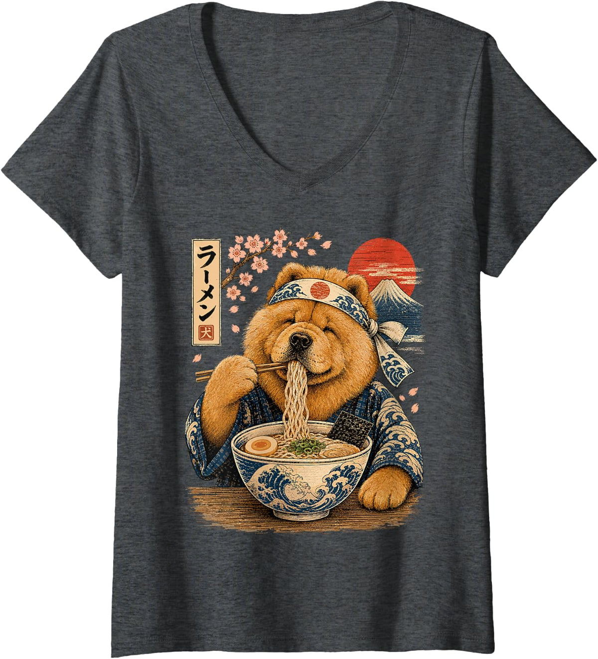 Women's Chow Chow Dog Eating Ramen Japanese Chow Chow V-Neck T-Shirt - Dark Heather Grey