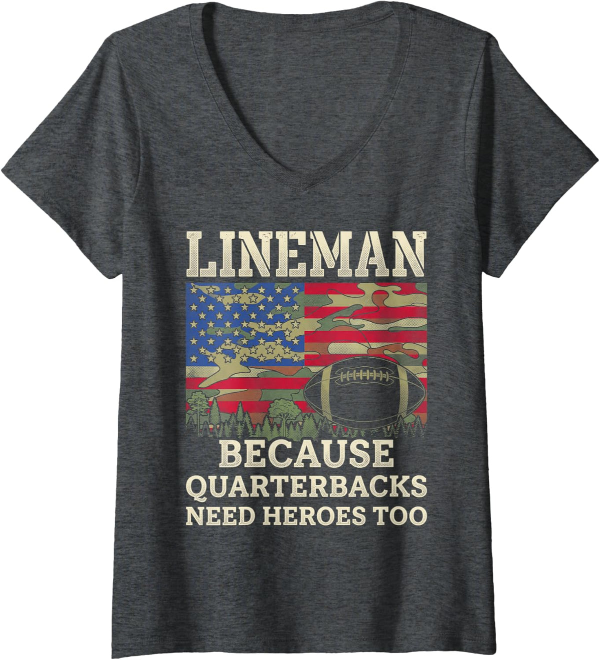 Women's Lineman Football Patriotic American Flag Camouflage V-Neck T-Shirt - Dark Heather Grey