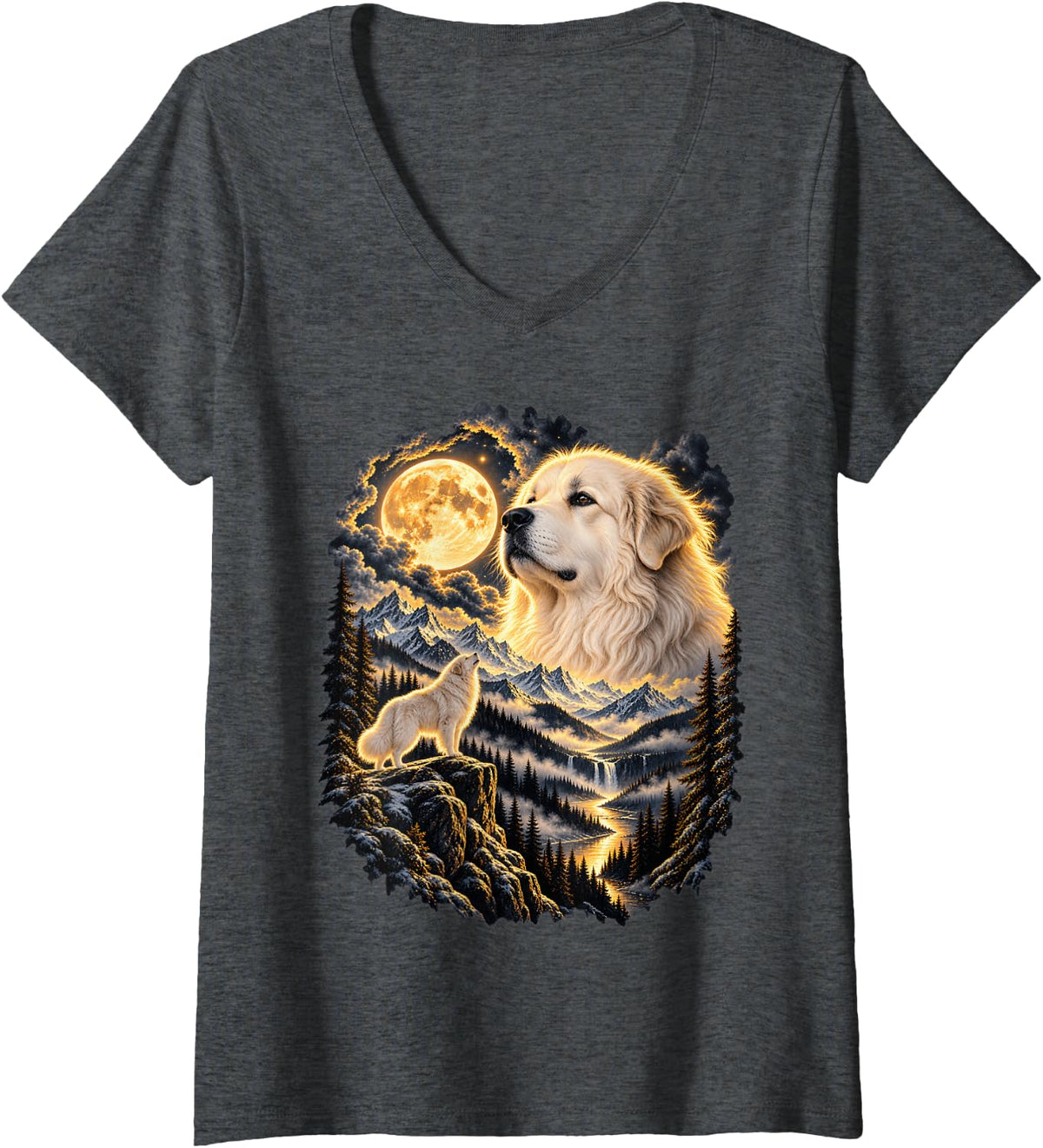 Women's Great Pyrenees Howling At Moon Mountain Wilderness Art V-Neck T-Shirt - Dark Heather Grey