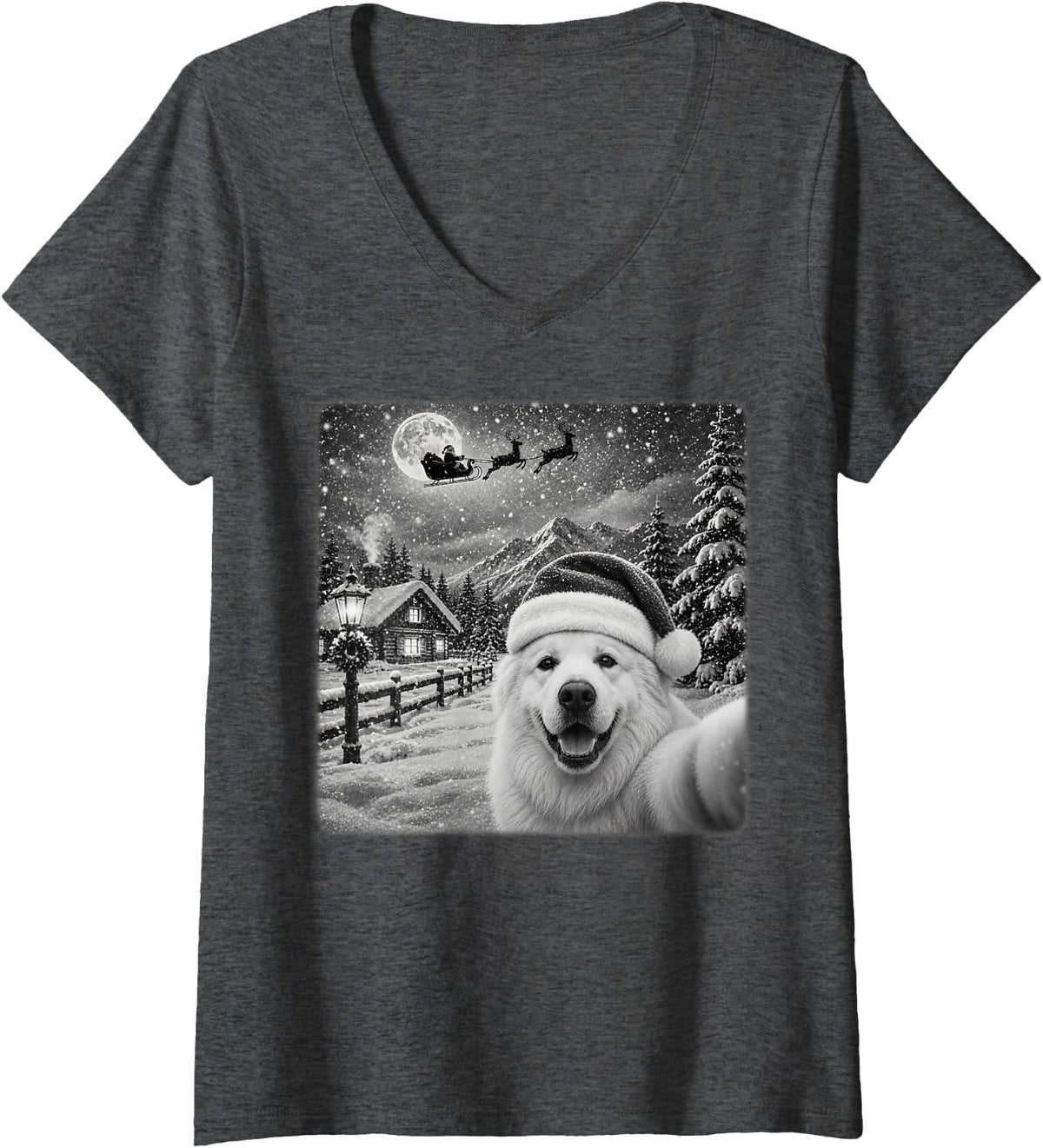 Women's Xmas Moon Night Santa Sleigh Great Pyrenees Dog Christmas V-Neck T-Shirt - Dark Heather Grey