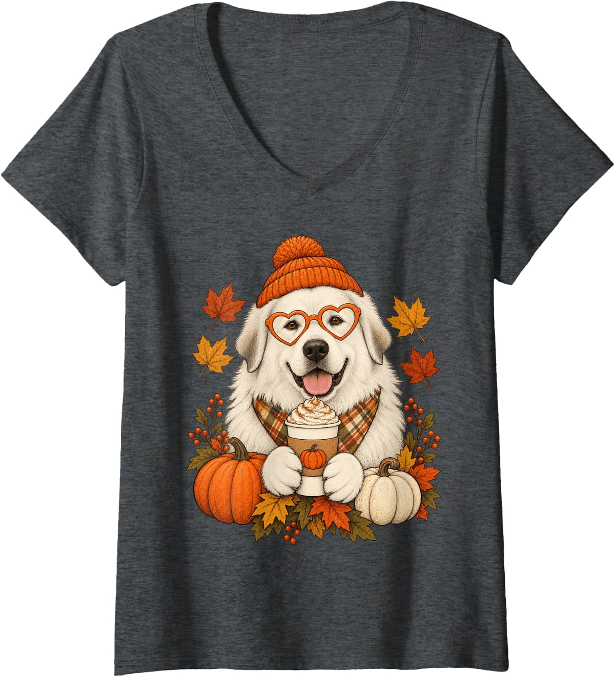 Women's Great Pyrenees Fall Autumn Season Pumpkin Spice Dog V-Neck T-Shirt - Dark Heather Grey