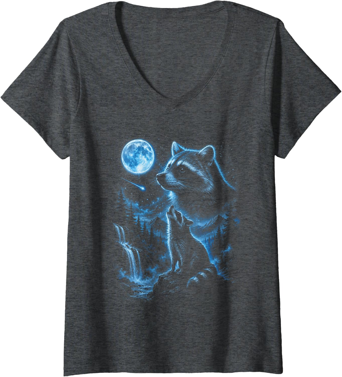 Women's Vintage Raccoon Howling At The Moon Meme 90s Trash Panda V-Neck T-Shirt - Dark Heather Grey
