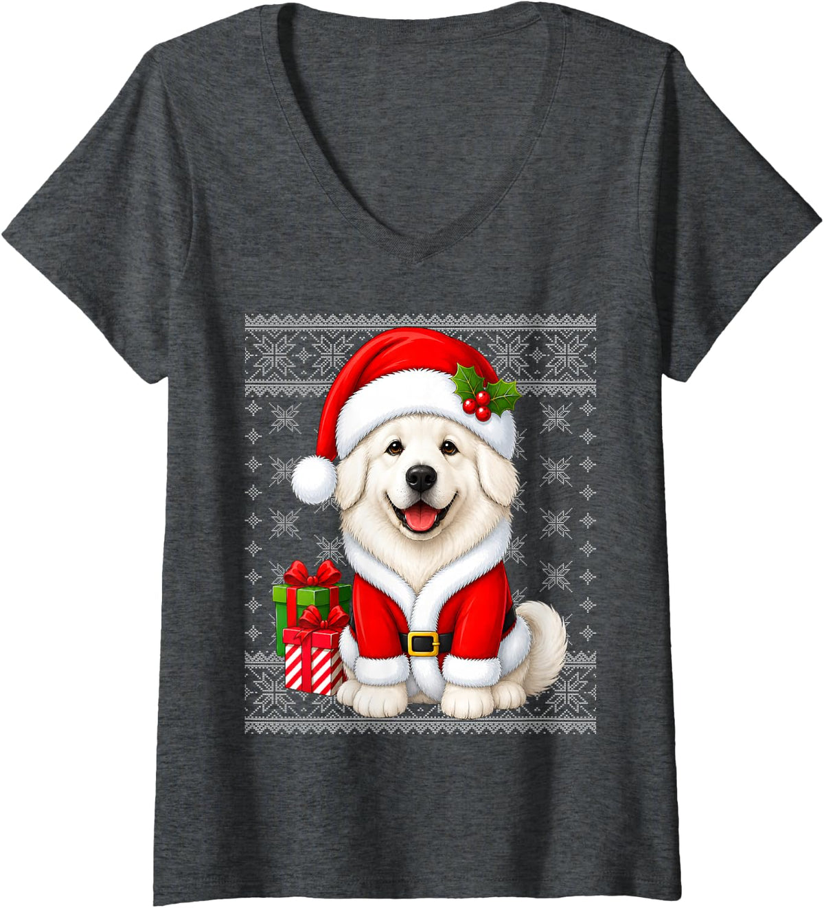 Women's Great Pyrenees Dog in Christmas Santa Costume Ugly Xmas V-Neck T-Shirt - Dark Heather Grey