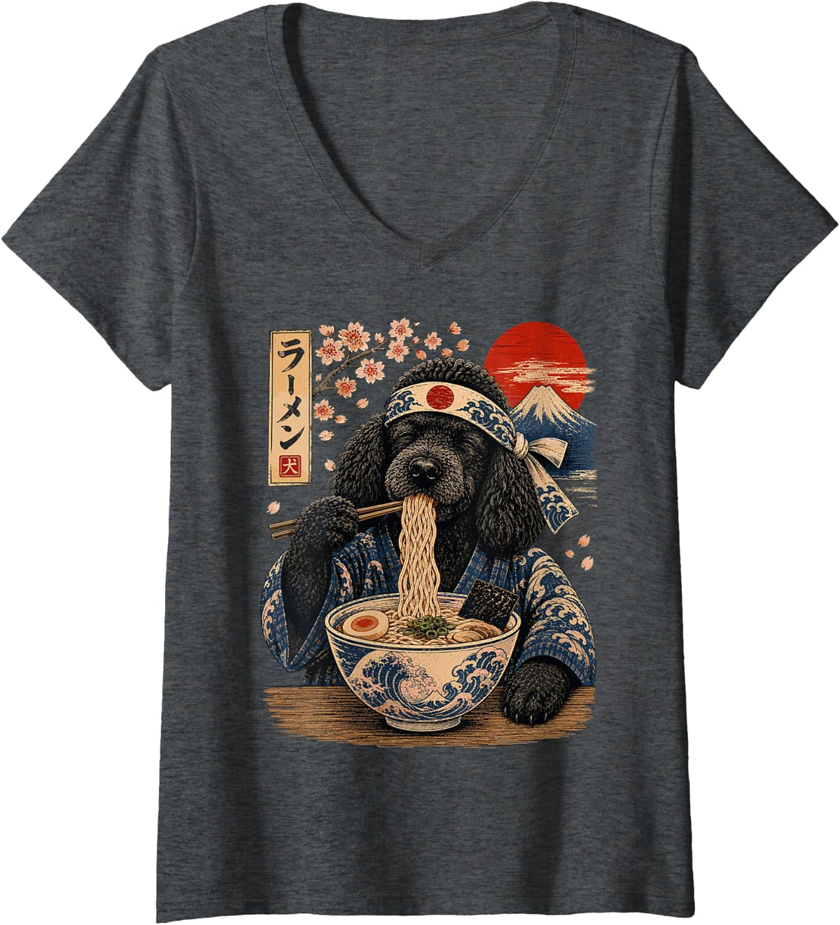 Women's Poodle Dog Eating Ramen Japanese Poodle V-Neck T-Shirt - Dark Heather Grey