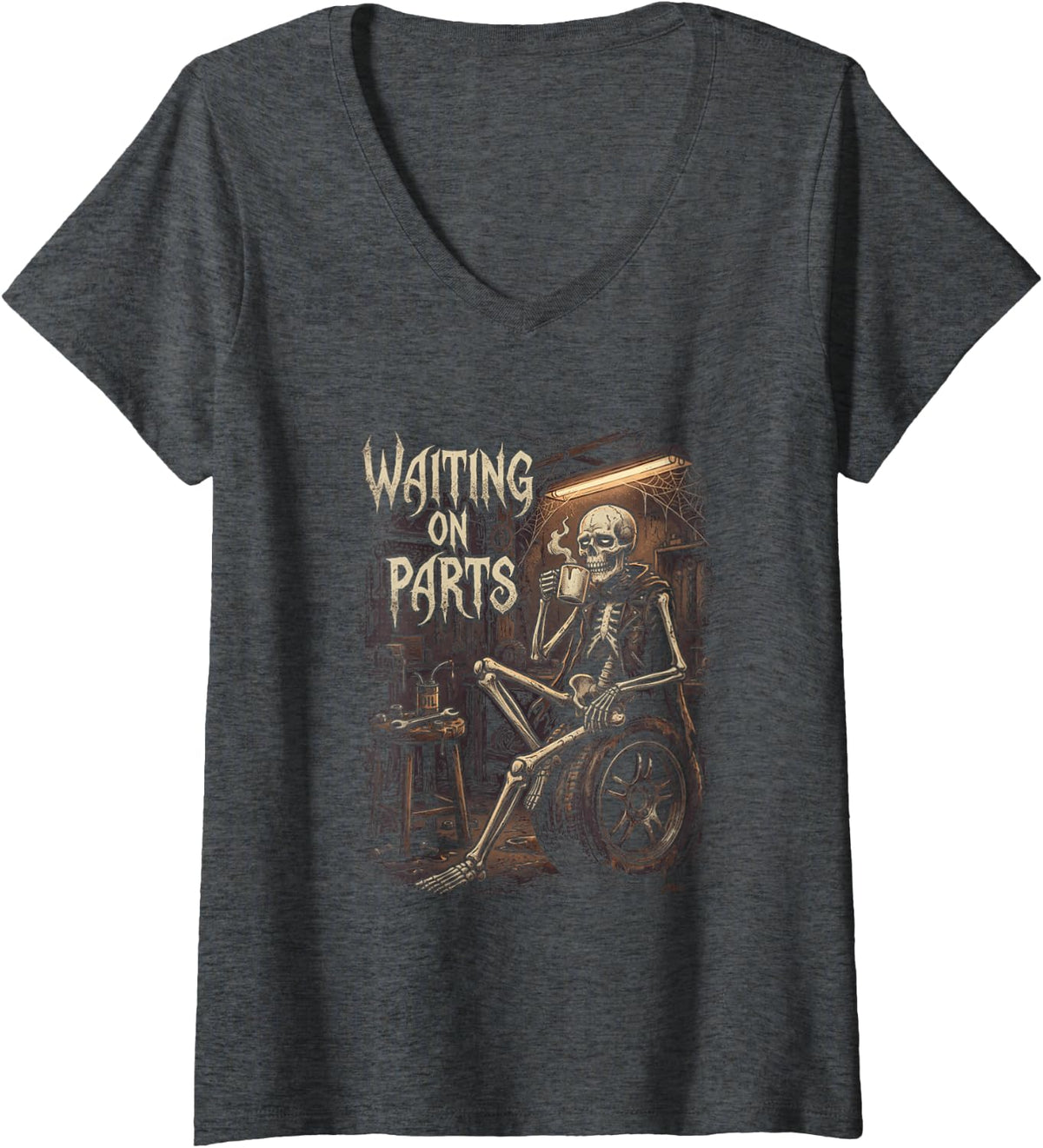 Women's Waiting on Parts Skeleton Mechanic Funny Garage Humor V-Neck T-Shirt - Dark Heather Grey