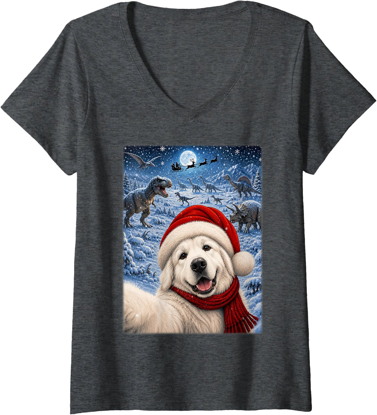 Women's Great Pyrenees Dog Christmas Moon Night Starry Dinosaur Xmas V-Neck T-Shirt - Dark Heather Grey