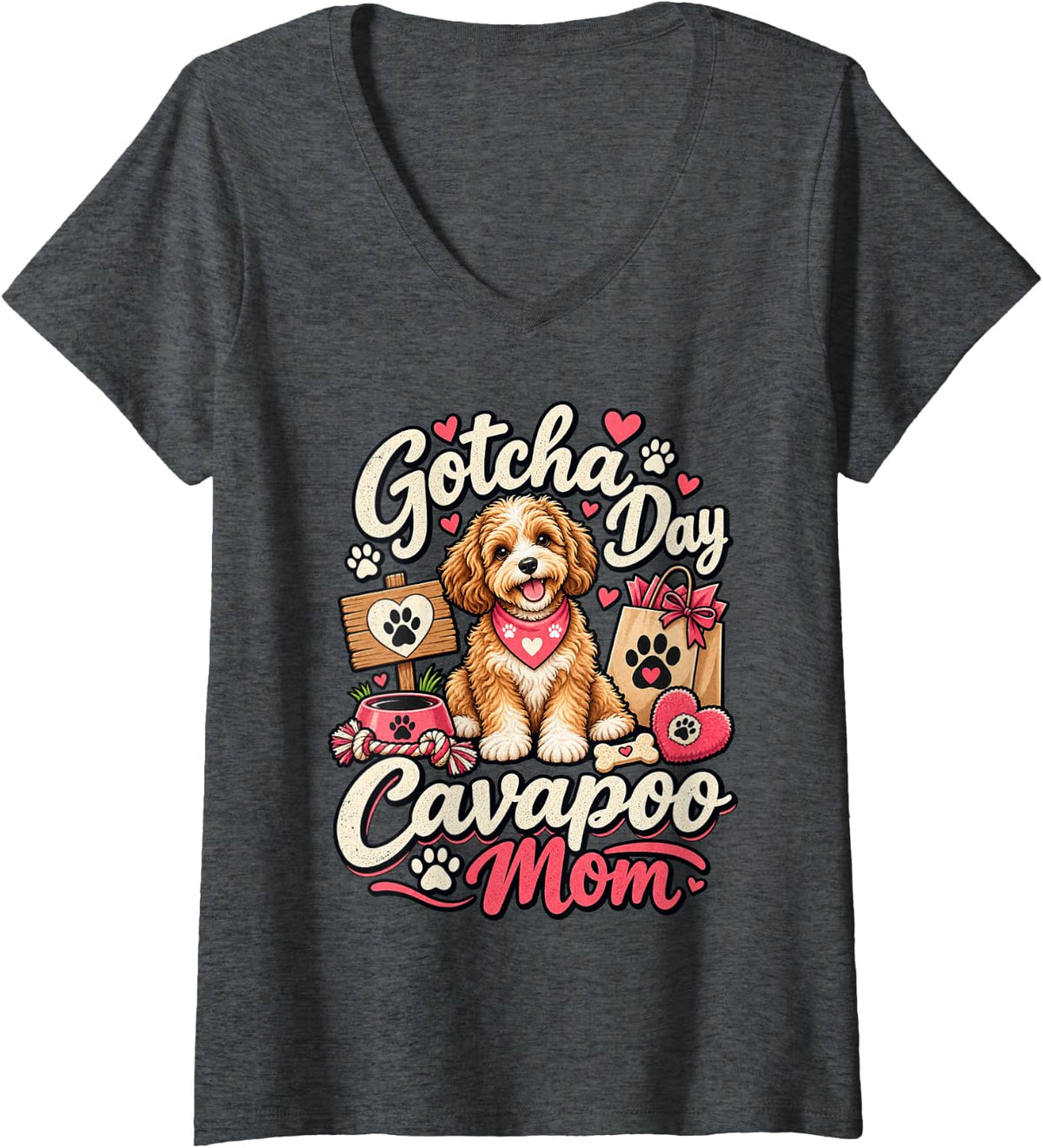 Women's Gotcha Day Cavapoo Mom Dog Mom Cavapoo Lover Puppy Love V-Neck T-Shirt - Dark Heather Grey