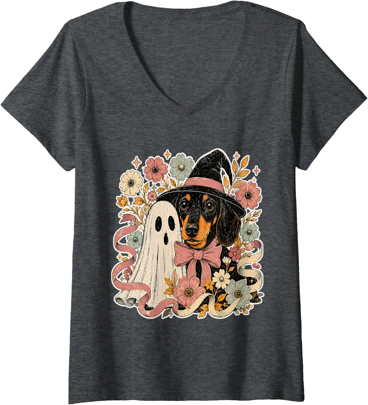 Women's Fall Dogs Ghost Dog Witch Dachshund Halloween V-Neck T-Shirt - Dark Heather Grey