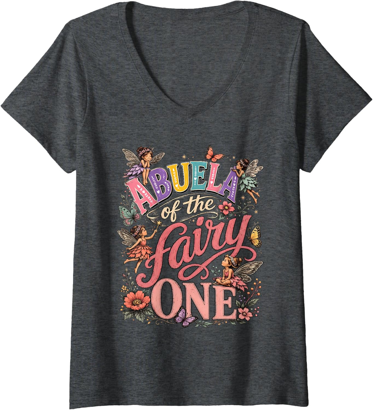 Women's Grandma Abuela of The Fairy One 1st Birthday Girl V-Neck T-Shirt - Dark Heather Grey
