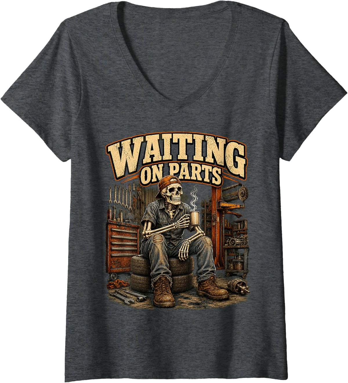 Women's Spooky Mechanic Auto Repair Waiting on Parts Car Technician V-Neck T-Shirt - Dark Heather Grey