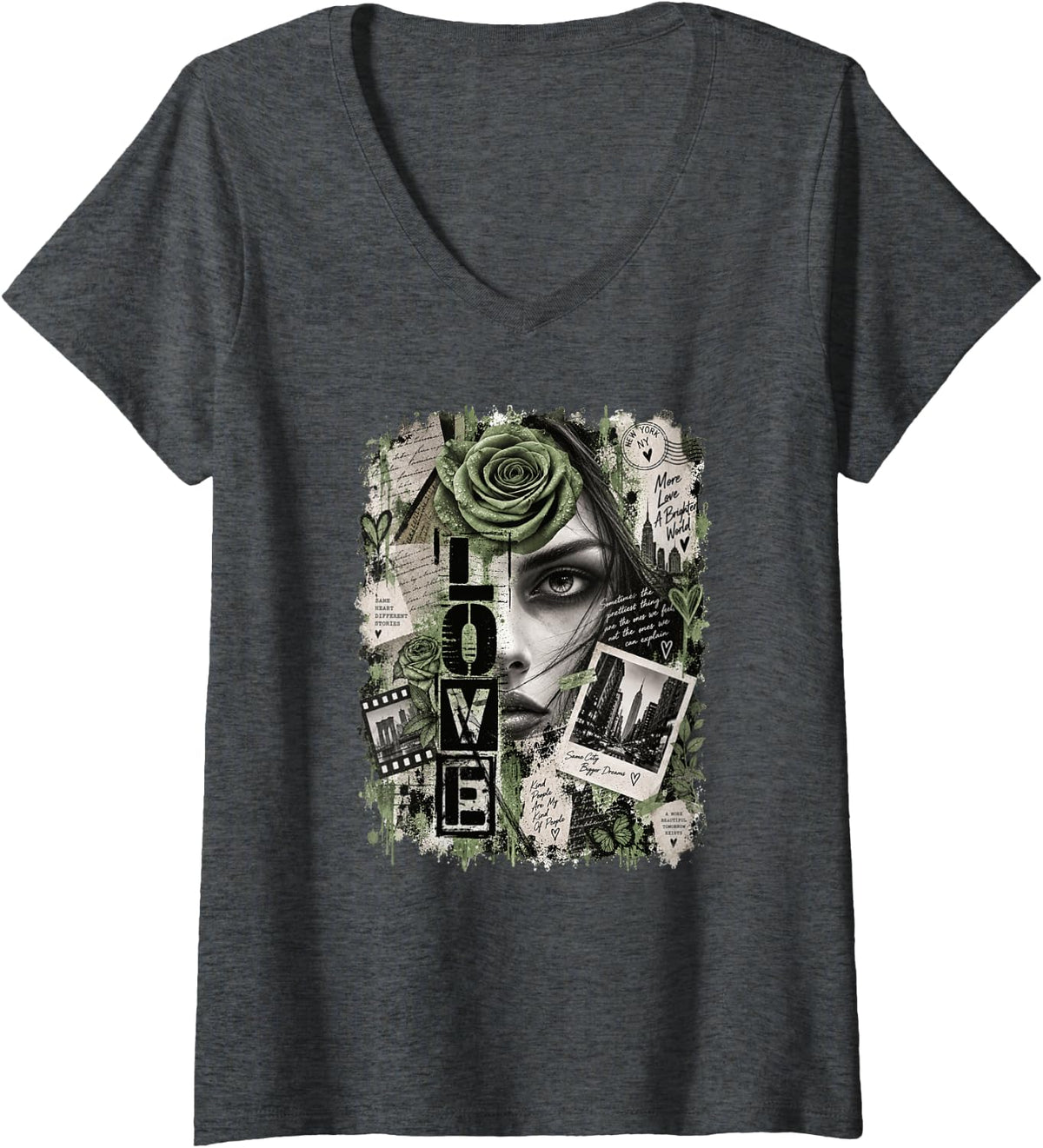 Women's Dark Romance Streetwear Graphic, Gothic Red Rose Lover V-Neck T-Shirt - Dark Heather Grey