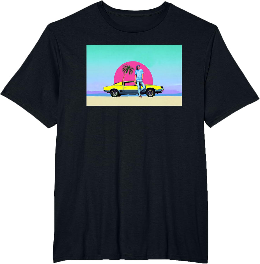 Halloween Iconic Retro Sunset Man Sitting on Yellow Car 16 T-Shirt - Black