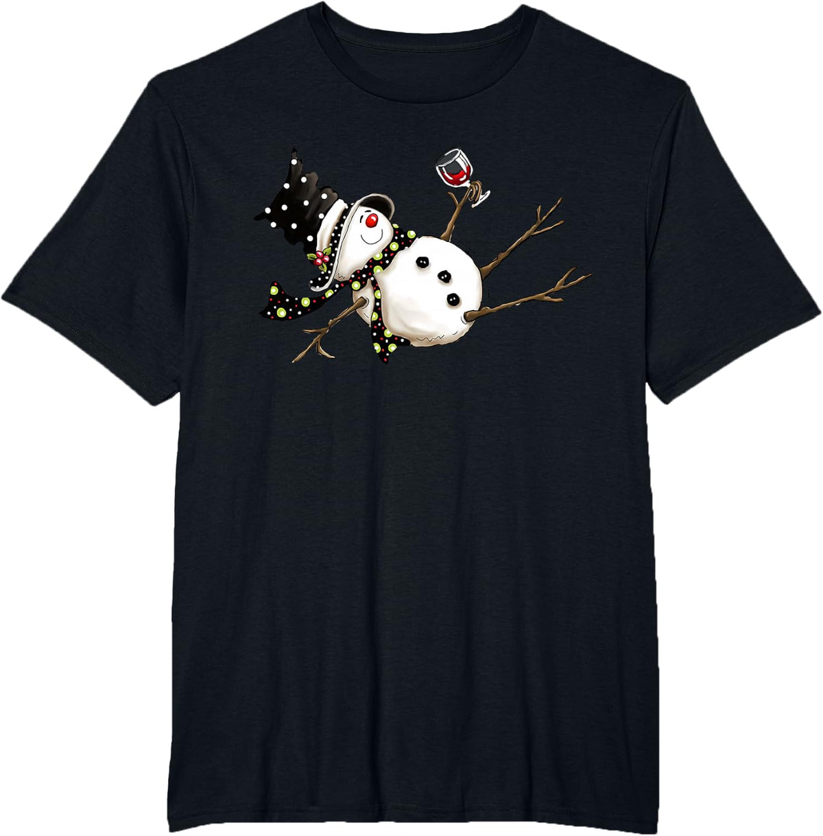 Funny Drunk Snowman Drinking Wine Glass Merry Christmas T-Shirt - Black