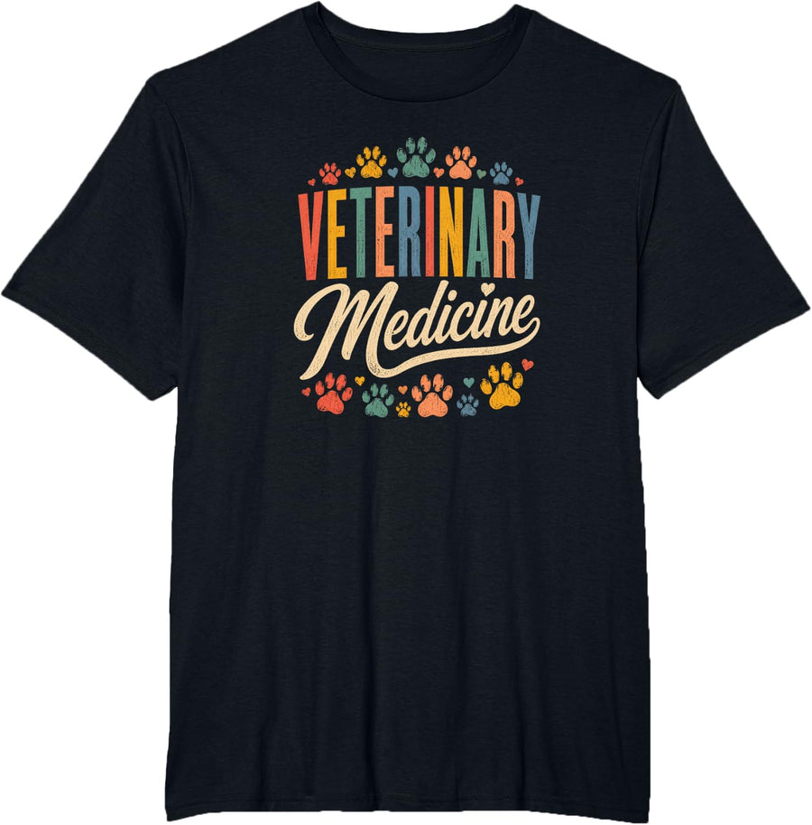 Retro Veterinary Medicine Vet Tech Paw Print T-Shirt - Black