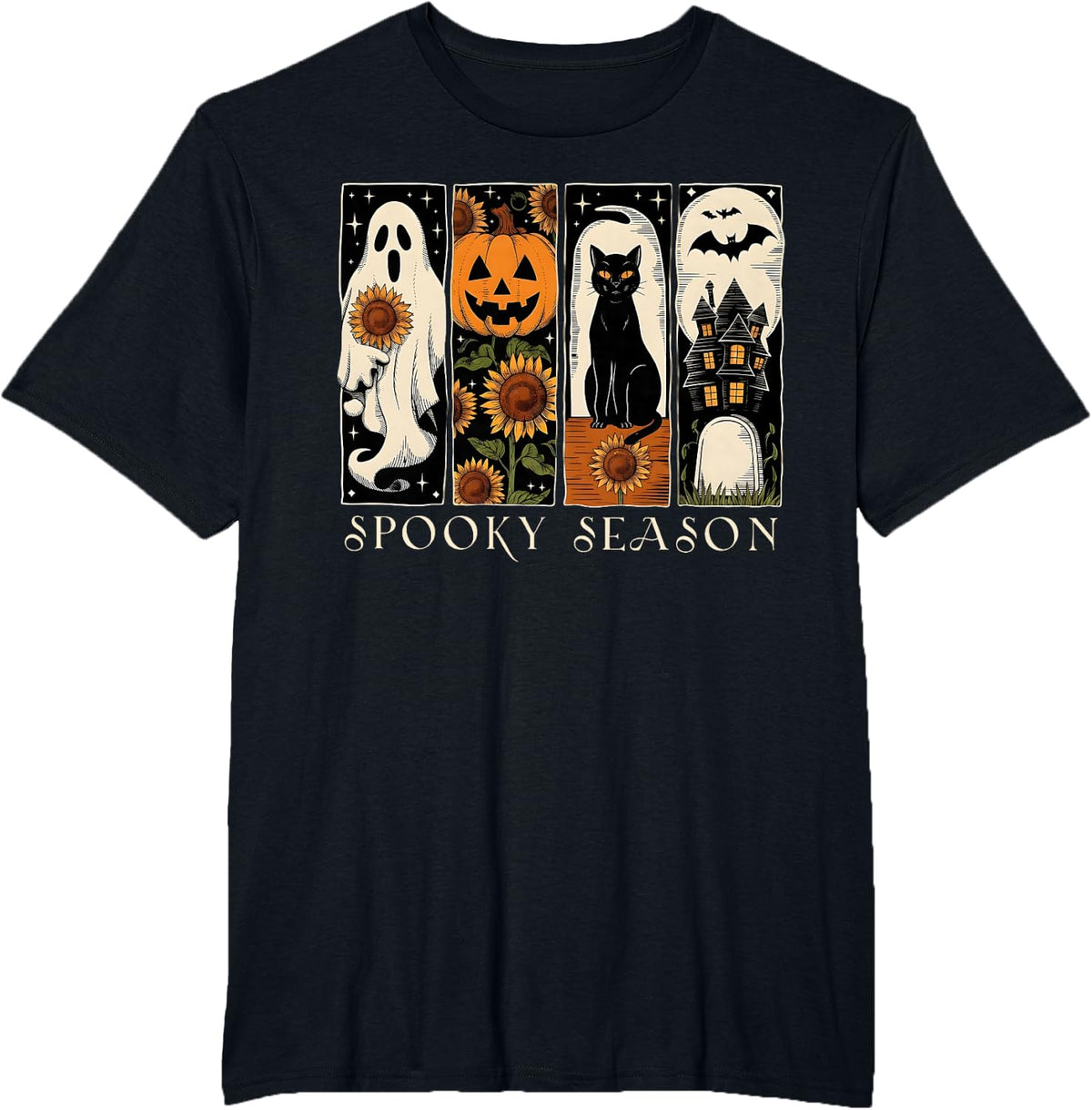 Spooky Season Vintage Halloween Fall Characters Aesthetic T-Shirt - Black