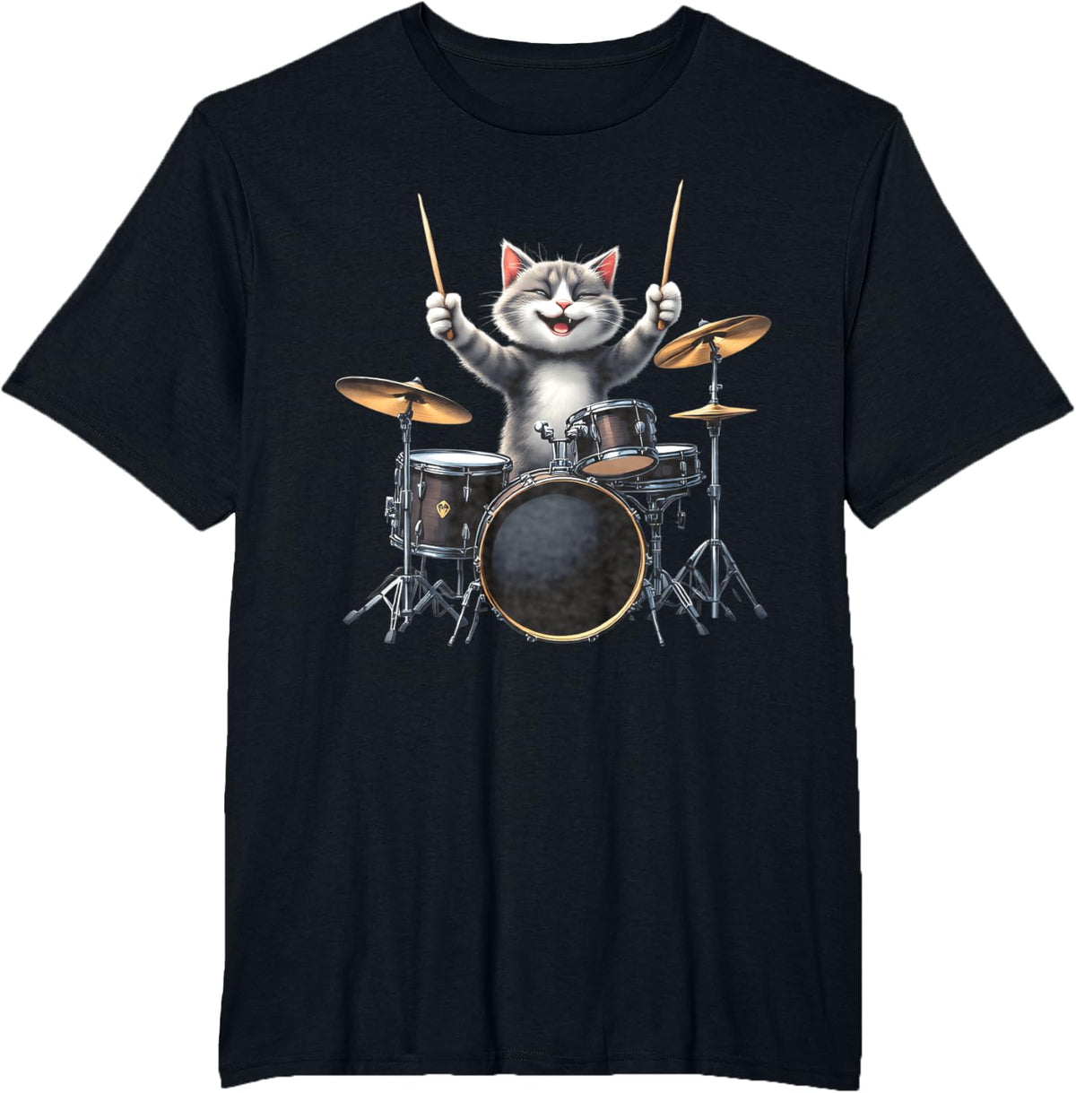 Funny Drumming Cat Shirt Rock Band Kitty Drummer Cat T-Shirt for Men Women - Black