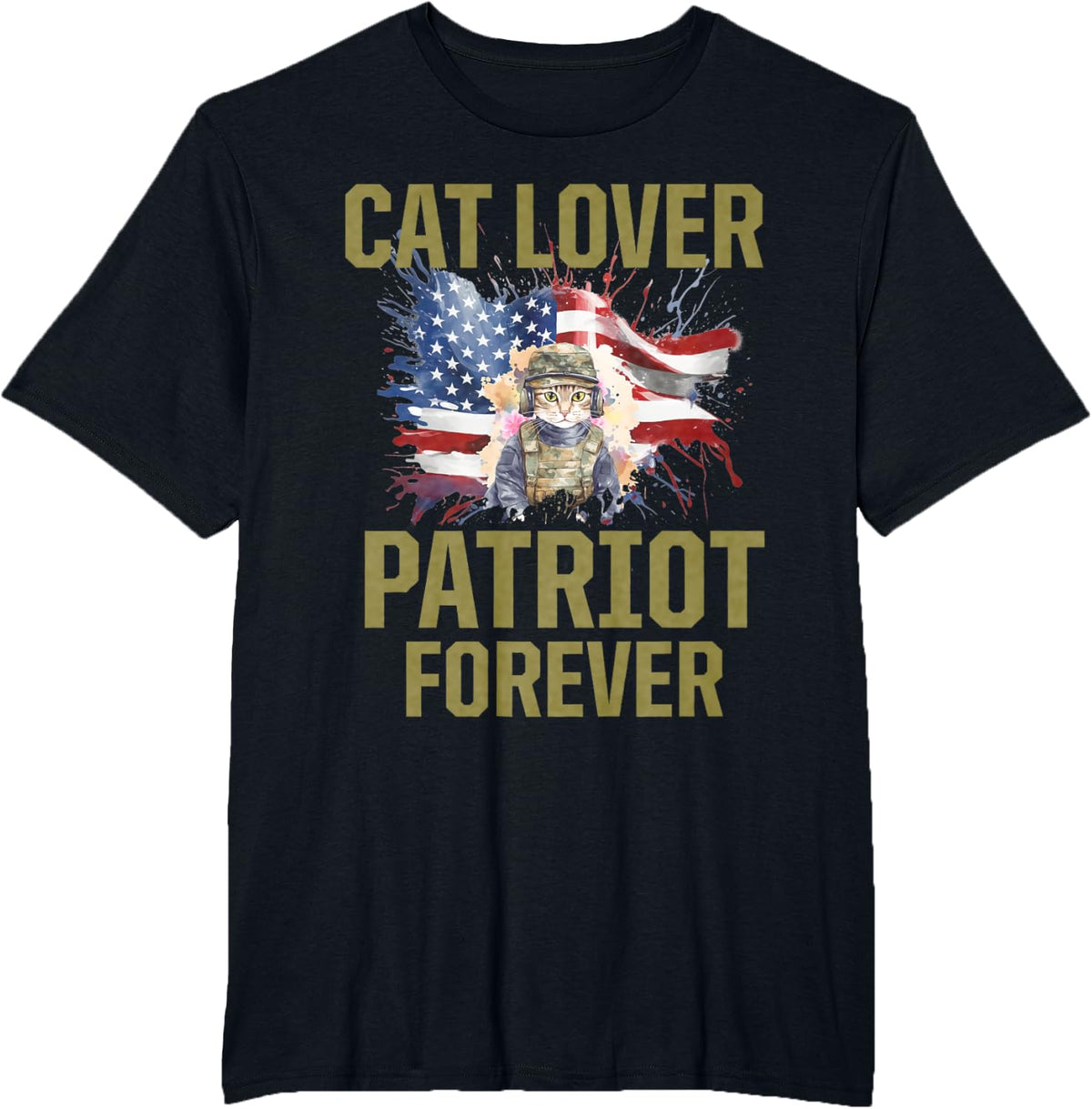 Cat Lady Veteran United States US Female Army Military Flag T-Shirt - Black