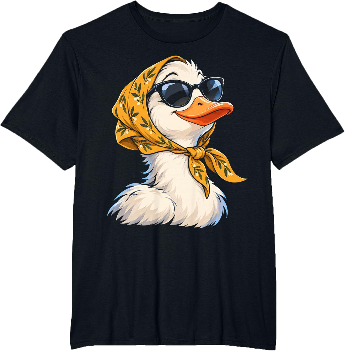 Stylish Duck Wearing a Patterned Headscarf and Sunglasses T-Shirt - Black