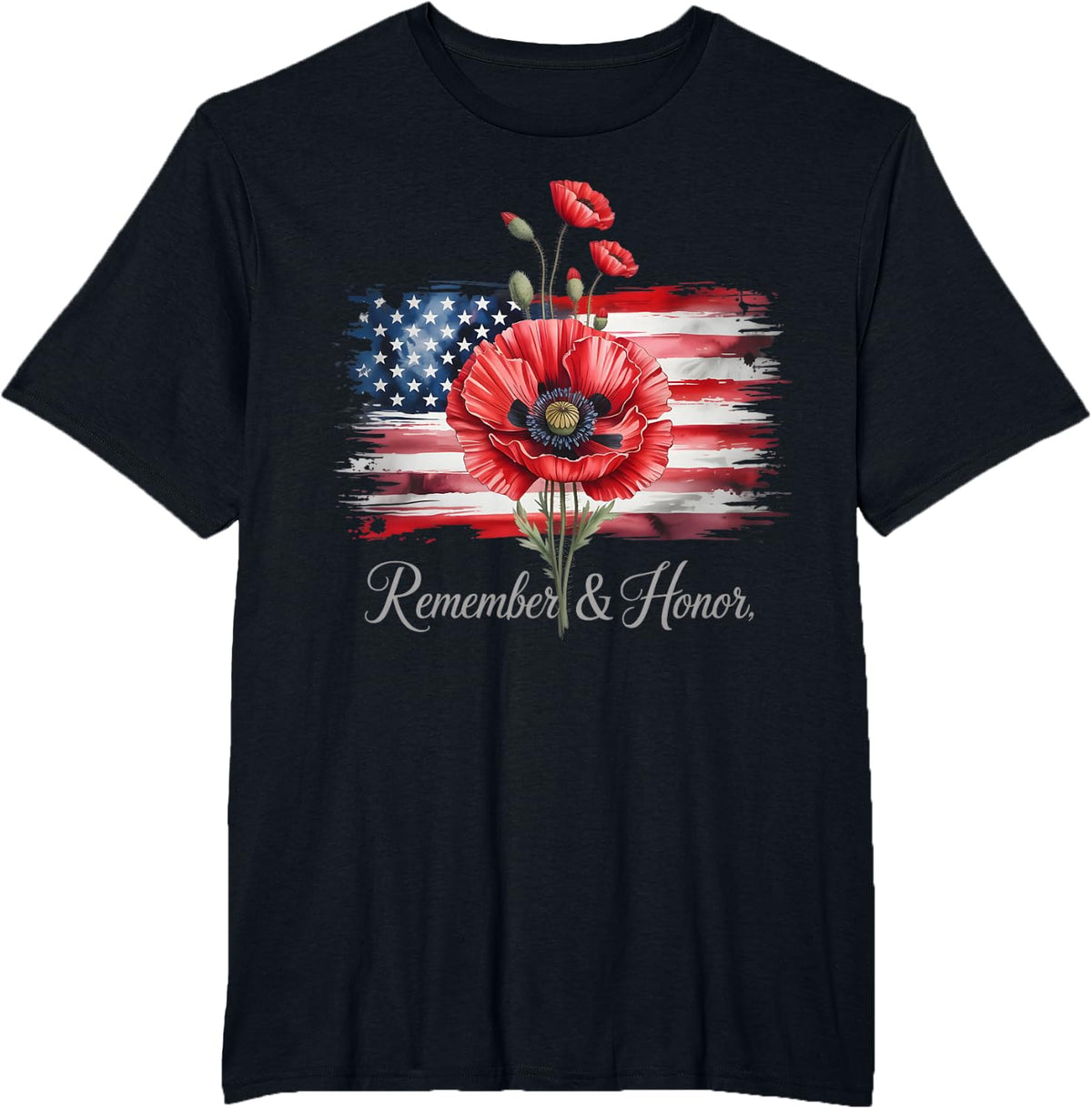 Veterans Day USA Memorial Day Red Poppy Flower Military T-Shirt - Black
