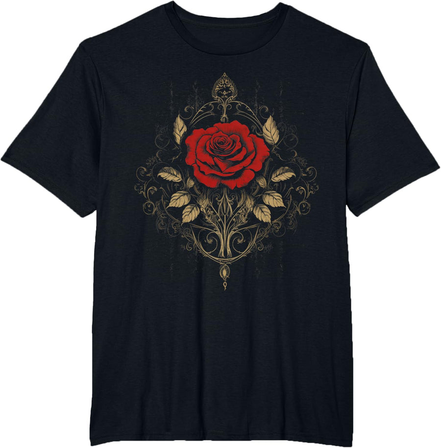 Gothic Aesthetic Red Goth Rose Flowers Witchcraft T-Shirt - Black