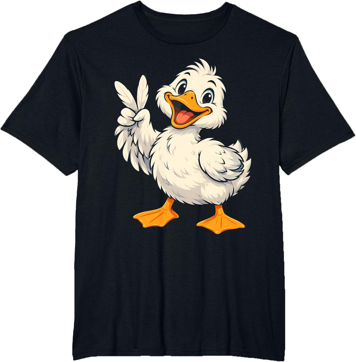 Happy White Duck Making a Peace Sign with a Raised Wing T-Shirt - Black